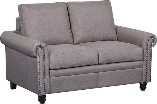 Container Furniture Direct Dove Linen Upholstered Modern Loveseat with Nailhead Trim, Light Brown