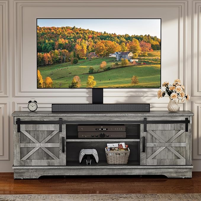 YITAHOME Farmhouse TV Stand for Living Room with Mount, Entertainment Center with 3 Height Adjustment for 32-70 inch TVs, Media Console Cabinet with Sliding Barn Door, Grey