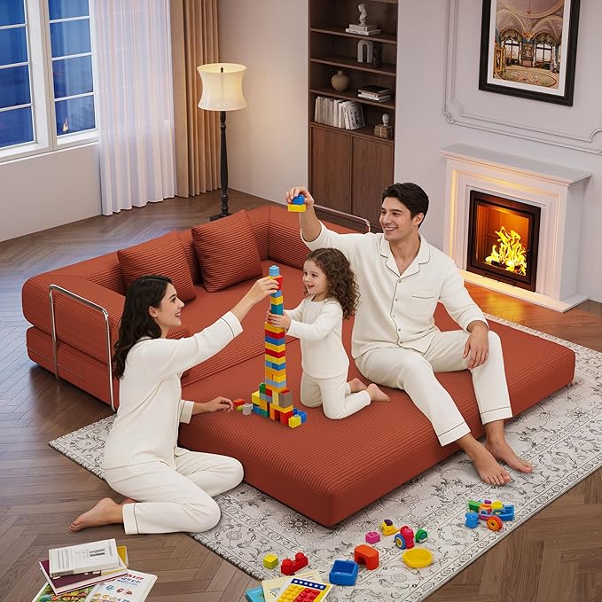 BSHOMGI 4-in-1 Foldable Sofa Bed Teddy Fabric Foam-Filled Compressed Couch, Convertible Loveseat Sofa, Boneless FoldingSleeper for Living Room, Guest Bed, Playroom (Orange, 59” 2 Seat)