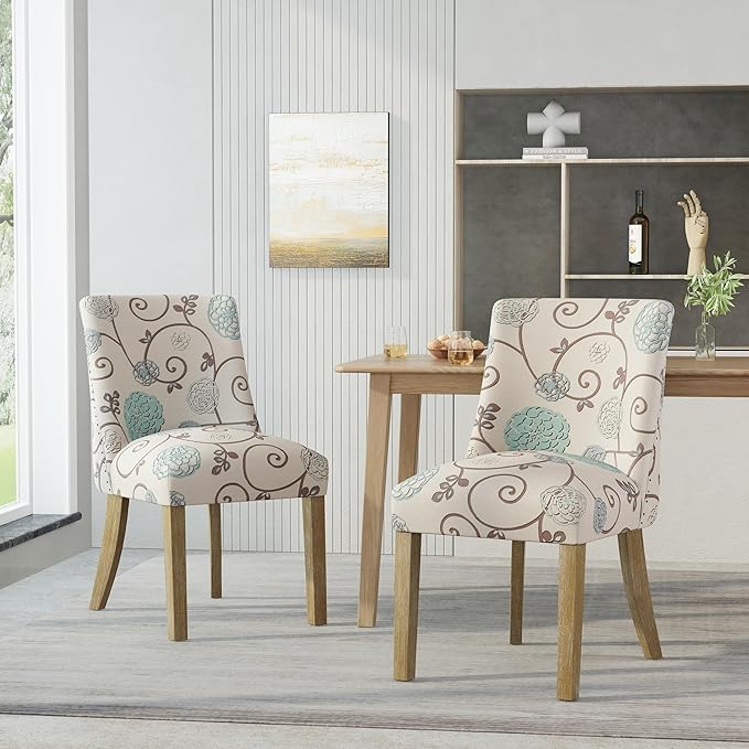 Christopher Knight Home Frances Dining Chair, 19.75 "W x 24.75 "D x 35 "H, Beige and Blue Floral + Natural Brown, Set of 2