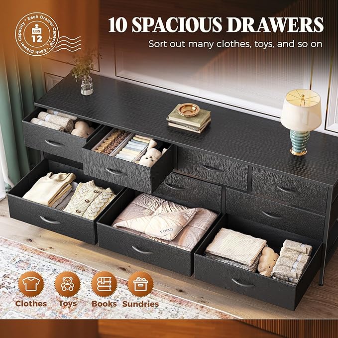 Huuger 63 Inch Dresser for Bedroom, Long Dresser with 10 Fabric Drawers, TV Stand for 55, 65, 70 Inch TV, Toy Storage Organizer for Closet, Black