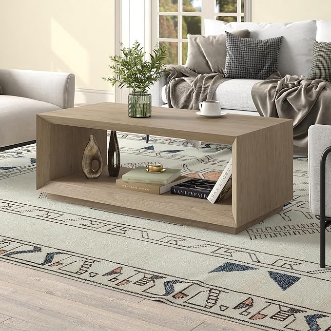 Henn&Hart 48" Rectangular Coffee Table with Open Storage Shelf for Living Room, Family Room, or Office, Weathered Gray