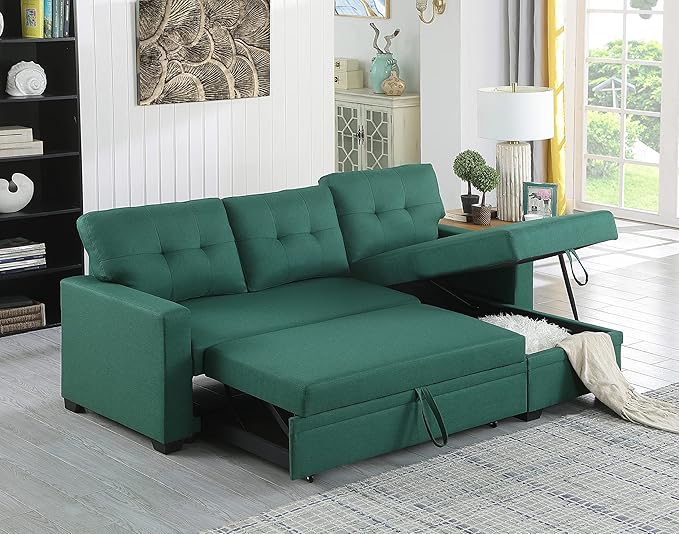 ACQCA 82" Convertible Sectional Sleeper Sofa with Storage Chaise, L Shaped Pull Out Couch Bed with 3 Tufted Back Cushion for Living Room, Apartment,Office,Green