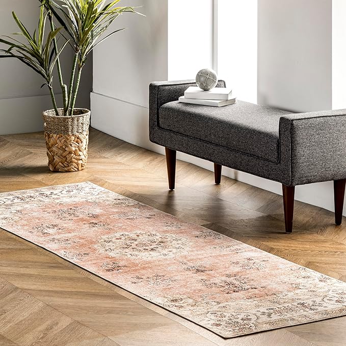 Nuloom SpinClean Ren Peach/Ivory, 2'6" x 12', Vintage Oriental, Soft and Cozy, High Traffic, Stain Resistant, Easy Clean, Durable Washable Area Rug for Bedroom, Living Room, Dining, Entryway