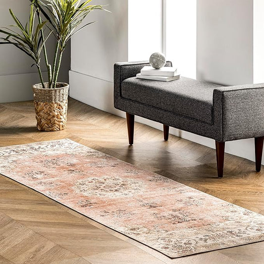 nuLOOM 2' x 8' SpinClean Machine Washable Stain-Resistant Area Rug with Non Slip Backing, Low Profile for Living Room, Bedroom, and Dining Room, Ren Peach