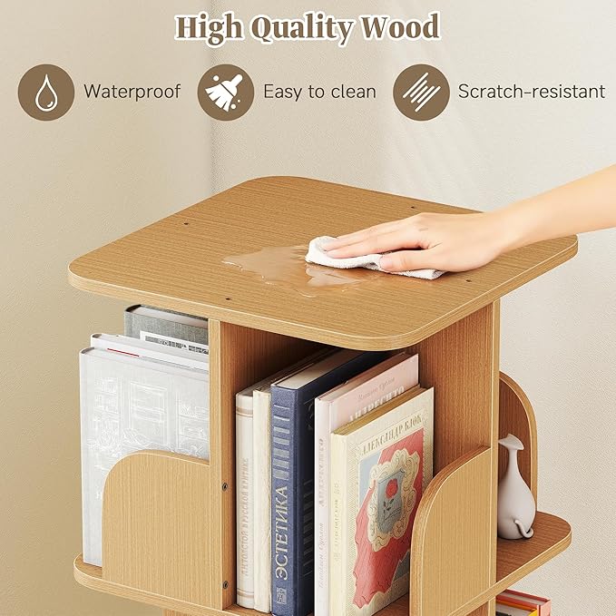 Rotating Bookshelf, 4 Tier Spinning Bookshelf Tower for Small Space, Kids Bookshelves 360 Display, Revolving Bookcase Floor Standing Storage Rack, Natural