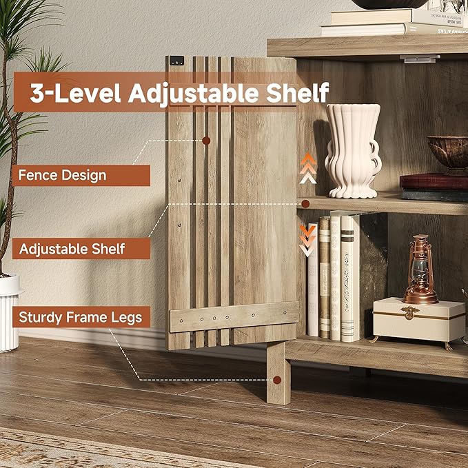 Sideboard Buffet Cabinet with Storage, Farmhouse Storage Cabinet Kitchen Buffet Cabinets, Wood Coffee Bar Sideboard for Kitchen, Entryway, Living Room, Natural Oak