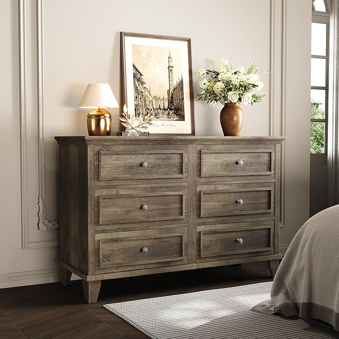 IDEALHOUSE 6 Drawer Dresser, Wooden Storage Chest of Drawers with Exquisite Metal Handles, Large Wide Dresser TV Stand, Modern Drawer Organizer for Bedroom, Living Room, Hallway, Entryway, Grey