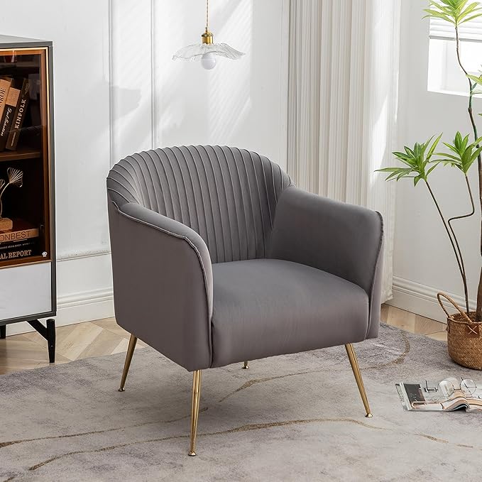 Contemporary Velvet Accent Chairs for Living Room, Bedroom and Entryway, Modern Armchair with Sleek Metal Legs, Elegant Seating Solution for Small Spaces, Grey