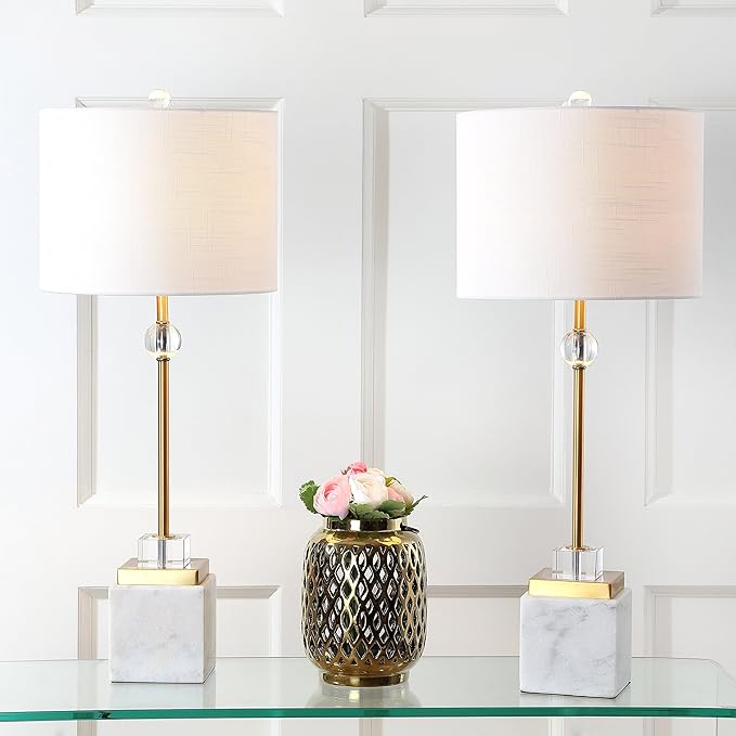JONATHAN Y 30" White Marble and Brass Gold LED Table Lamp Set of 2, Modern Glam Crystal Pedestal Lamps for Living Room Bedroom, White Linen Shade, LED Bulbs Included JYL5008A-SET2