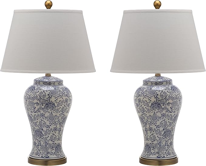 SAFAVIEH Lighting Collection – Spring Blossom Set of 2 Blue & White Floral Chinoiserie Table Lamps, 29-Inch Ceramic Lamps for Bedroom, Living Room, Home Office (LIT4170B-SET2)