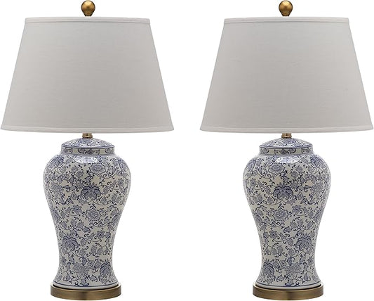 SAFAVIEH Lighting Collection – Spring Blossom Set of 2 Blue & White Floral Chinoiserie Table Lamps, 29-Inch Ceramic Lamps for Bedroom, Living Room, Home Office (LIT4170B-SET2)