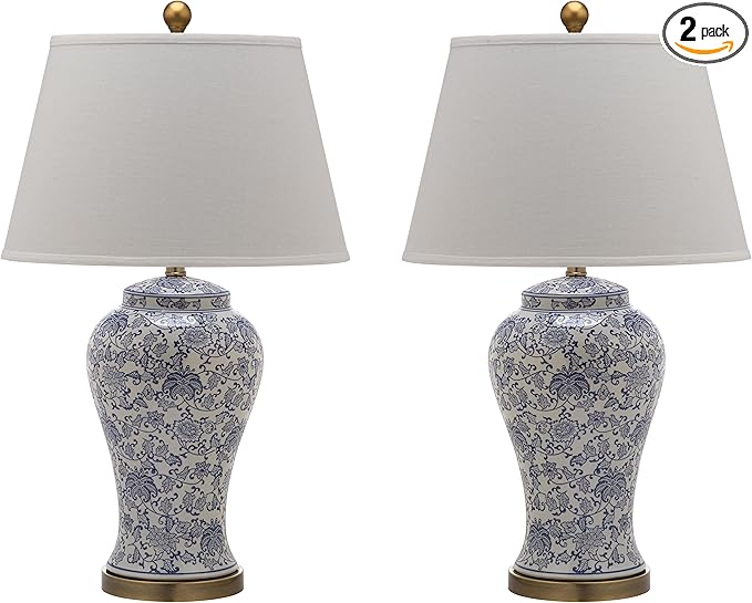 SAFAVIEH Lighting Collection – Spring Blossom Set of 2 Blue & White Floral Chinoiserie Table Lamps, 29-Inch Ceramic Lamps for Bedroom, Living Room, Home Office (LIT4170B-SET2)
