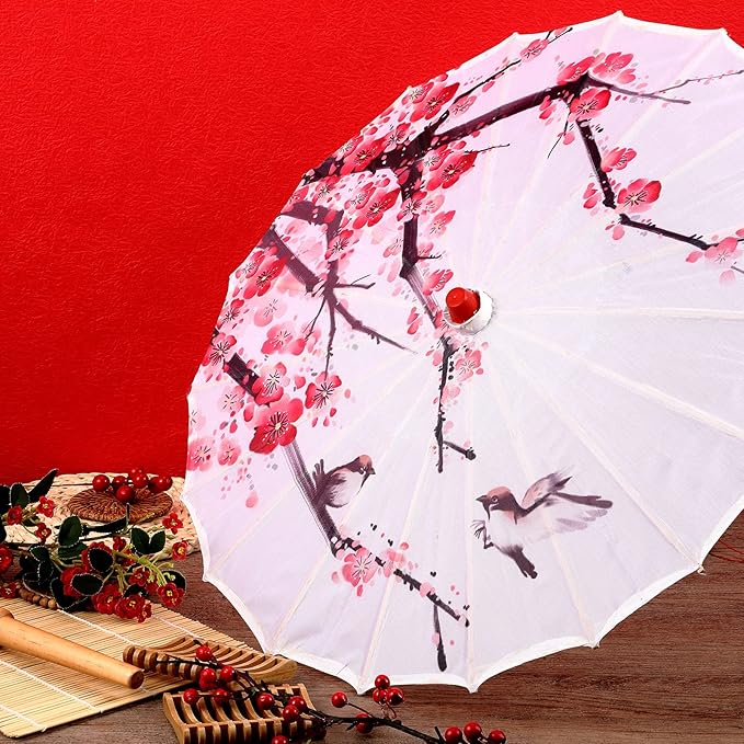 Dunzy 8 Pack Handmade Oiled Paper Umbrellas 22 Inch Classical Plum Blossom Mini Parasol Umbrella for Wedding Art Dance Photography Cherry Blossom Decoration