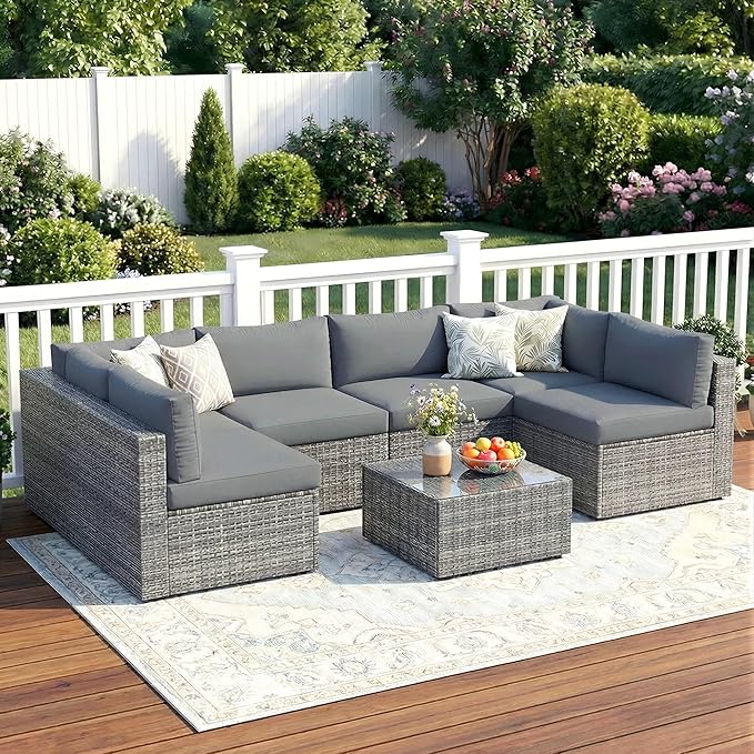 Wisteria Lane 7 Pieces Outdoor Patio Furniture Set, Wicker Outdoor Patio Sectional Sofas with Coffee Table, All-Weather Patio Conversation Set for Garden Backyard, Grey