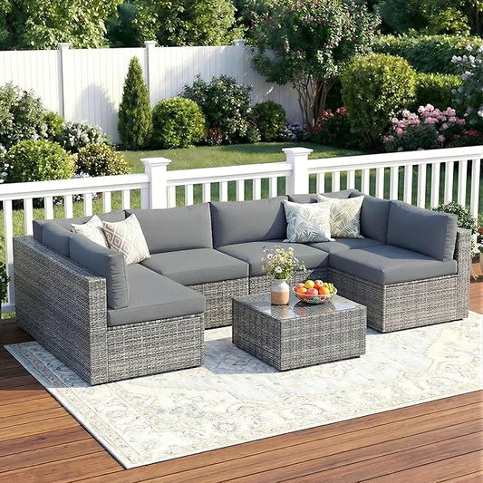 Wisteria Lane 7 Pieces Outdoor Patio Furniture Set, Wicker Outdoor Patio Sectional Sofas with Coffee Table, All-Weather Patio Conversation Set for Garden Backyard, Grey
