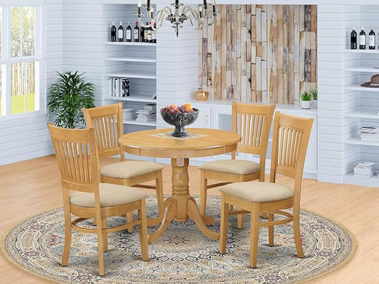 East West Furniture ANVA5-OAK-C 5 Piece Dining Room Furniture Set Includes a Round Dining Table with Pedestal and 4 Linen Fabric Upholstered Chairs, 36x36 Inch, Oak