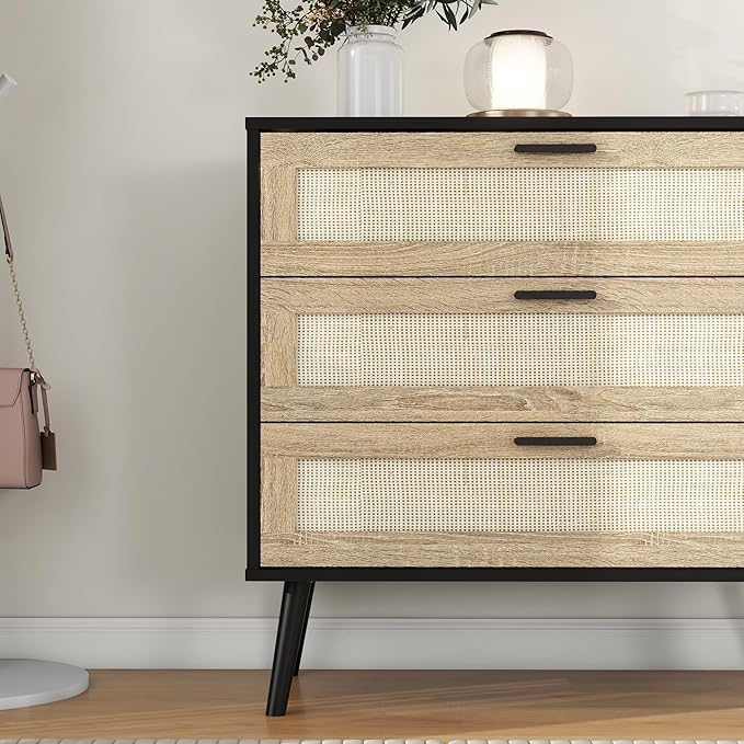 Panana 3/6/8 Drawers Dresser, Wooden Rattan Chest of Drawers with Rattan Front Spacious Storage Chest Bedside Table Nightstand Cabinet for Living Room, Closet, Hallway, Bedroom