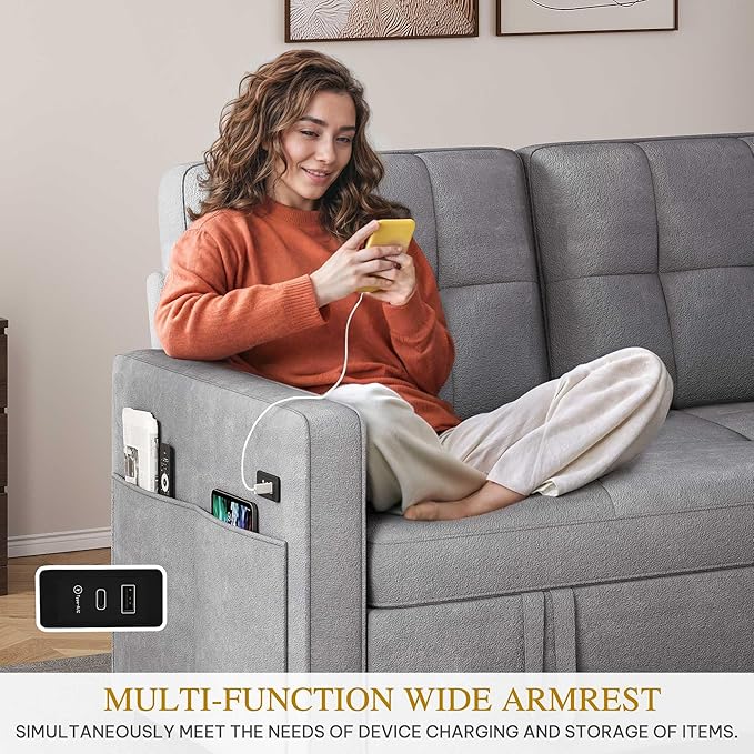 YITAHOME 55" Convertible Sofa Bed, 3-in-1 Sleeper Sofa with Pull-Out Bed, Cat-Scratch-Proof Futon Couch with 5-Levels Reclining Backrest, USB and Side Pocket, Modern Loveseat for Living Room, Grey
