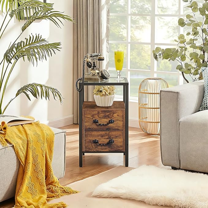 VECELO Narrow Side Table, Night Stand Sofa Table with Glass Top,Bedside End Tables with Storage Drawers,Wood Nightstand for Small Spaces Living Room Bedroom,Brown