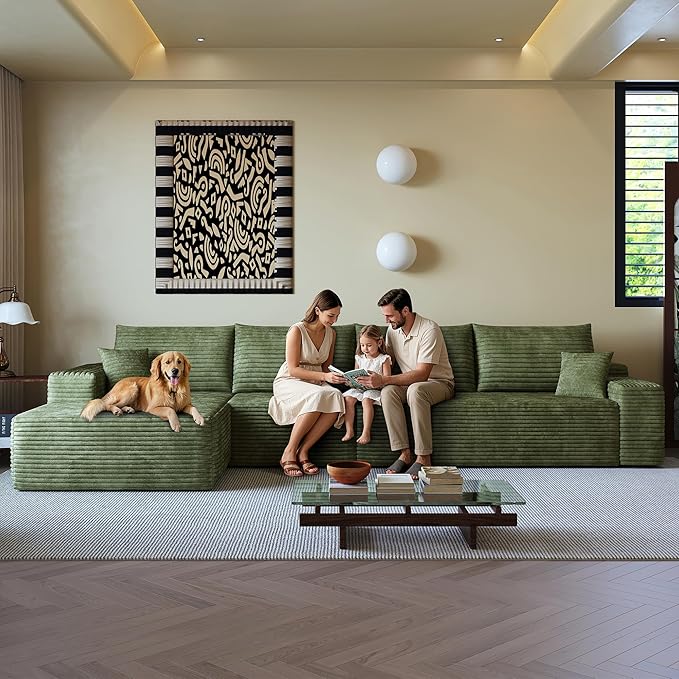 135" Corduroy Couch Sectional with Chaise, L Shape Boneless Cloud Couches for Living Room Bedroom, Modular Corner Couch, Fluffy Deep Seat Compression Sofa, Left Facing Chaise, No Assembly, Green