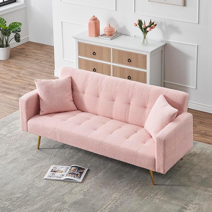 Teddy Fleece Upholstered Folding Futon Sofa Bed Convertible Sleeper Couch with 3 Adjustable Backrest, Recliner Loveseat Lounge Sofabed Daybed with Golden Metal Legs for Living Room Office