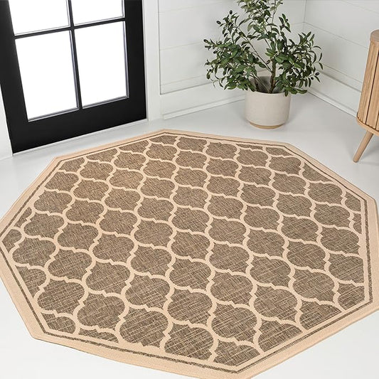 JONATHAN Y Moroccan Trellis Indoor Outdoor Octagon Area Rug 5 Ft Brown/Beige, Trebol Textured Weave for Backyard, Patio, Porch, Easy-Cleaning, High Traffic, Pet-Friendly, Non-Shedding (SMB109A-5TGN)