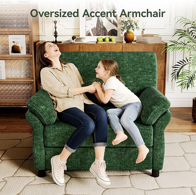 Oversized Accent Chair, 44.5 Inch Green Chenille Fabric Armchair, Comfy Single Sofa Chair with Padded Arms & Pocket Spring Cushion, Modern Reading Chair for Living Room, Bedroom