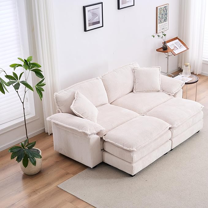 Modular Loveseat Sectional Sofa, 84.6" Corduroy Comfy Sectional Couches for Living Room, 3-Seater Cloud Couches with Movable Ottomans, Flexible Combination Modern Deep Seat Sofa | Thickness Cushions, Solid Wood Frame, Pillow-top Armrest