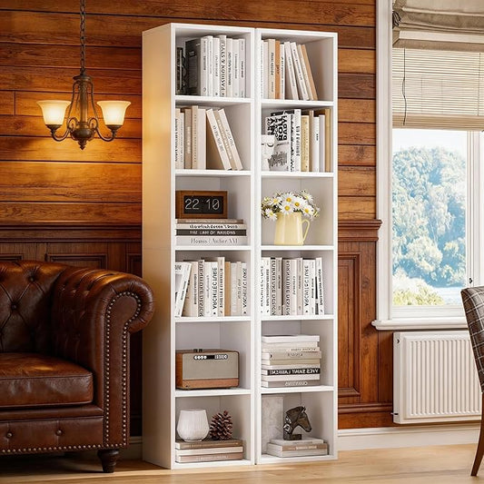 71.5" Tall Bookshelves and Bookcases Set of 2, 6 Tier Display Storage Shelves Home Decor Furniture for Home Office, Living Room, Bed Room (White, 11.8" Narrow)