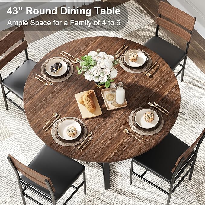 Round Dining Table for 4, Kitchen Tables Dining Room Circle Dinner Table with Pedestal Metal Frame, Space Saving Wood Industrial Kitchen & Dining Room Tables, Walnut 43In