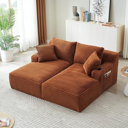 KEIKI Compressible Double Chaise Lounge with Cupholders, Comfortable Corduroy Sleeper Loveseat for Home Office or Studio, Boneless Chaise Lounge Indoor with Spring Support, No Assembly Required