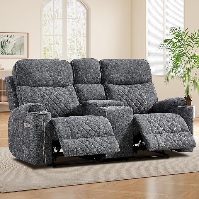 EBELLO Power Reclining Sofa Couch, Fabric Electric Recliner Loveseat Sofa with Cup Holders, USB Type-C Charging Ports and Storage Space, 2 Seats for Small Living Room, Bedroom and Meeting Room, Grey