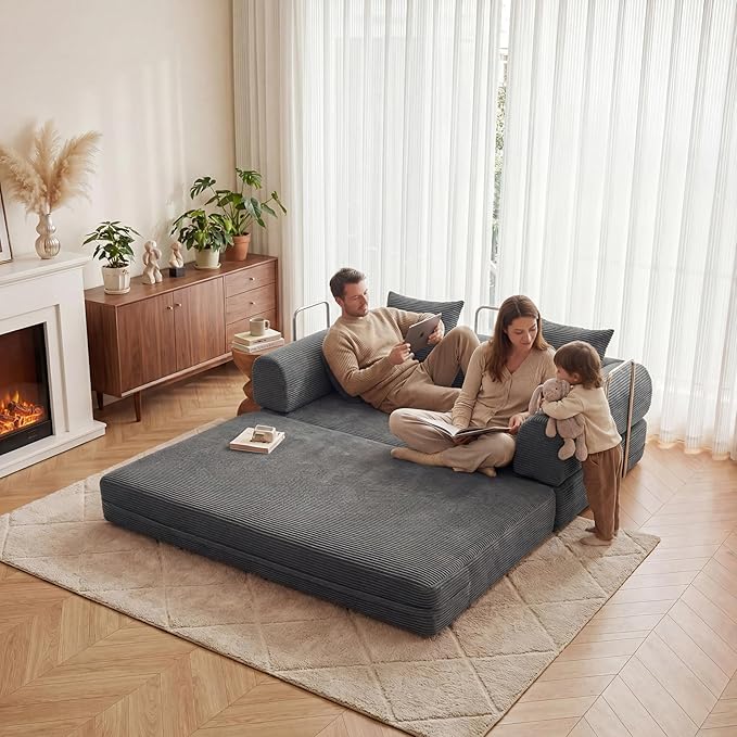HouseMila 53.15" Boneless Couch,4-in-1 Futon Sofa Bed Modular Loveseat Sleeper Folding Compressed Couch with Pillows,No Assembly Required Convertible Sofa Bed for Living Room Bedroom Guest Room,Grey