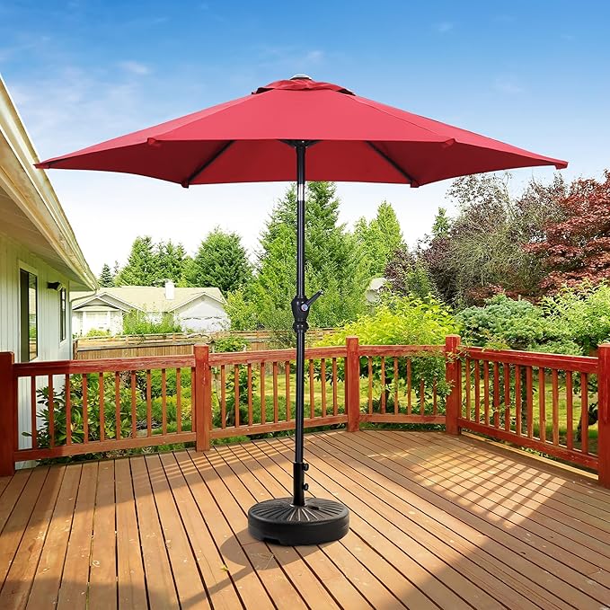 HYD-Parts 9FT Patio Umbrella Outdoor Table Umbrella,Market Umbrella with Push Button Tilt and Crank for Garden, Lawn, Deck, Backyard & Pool, with a Base (Red)