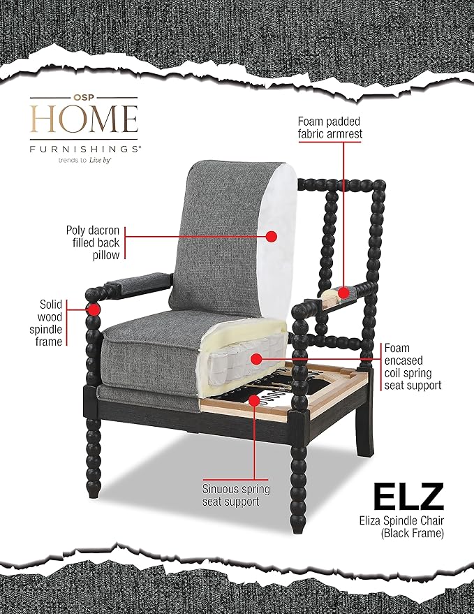 OSP Home Furnishings Eliza Spindle Accent Chair, Linen Fabric with Black Wood