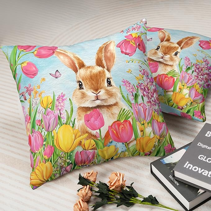 Easter Bunny Pillow Covers 16x16 Set of 2 Lovely Rabbit with Tulip Throw Pillow Covers Spring Pillow Case Floral Cotton Blend Cushion Case for Easter Decor Sofa Patio Garden