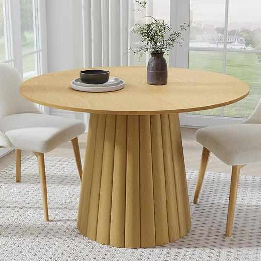 Casaphoria 46" Round Dining Table, Modern Wood Kitchen Table with Cone Shaped Strip Convex Base for Living Room & Dining Room, Easy Assembly Farmhouse Furniture for 4-6, Oak-A