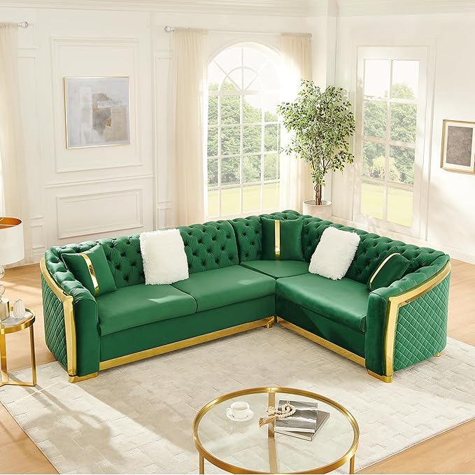 KEIKI 106" L-Shaped Luxury Velvet Chesterfield Sectional Sofa with Gold Stainless Steel Accents and 5 Pillows, Mid-Century Oversized 5-Seater Button Tufted Couch, Easy Assembly, for Living Room, Green