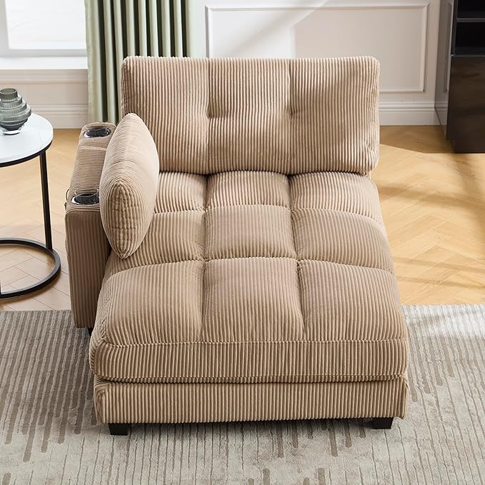 Oversized Lounge Chaise Convertible Sleeper Sofabed, Corduroy Sleeper Daybed Indoor Recliner Chair Sofa Bed with Cupholders and Adjustable Headrests for Living Room Bedroom Reading Home Apartment