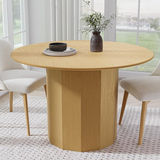 Casaphoria 46" Round Dining Table, Modern Wood Kitchen Table with Cylinder Polygonal Base for Living Room & Dining Room, Easy Assembly Farmhouse Furniture for 4-6, Oak