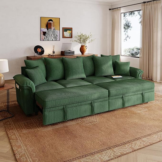 LINSY HOME Oversized Sectional Sleeper Sofa with Pull Out Couch Bed (Green, 110.5'') | USB Charging, Pillow-style Armrest, Multiple Cushions, Modular Sofa, Corduroy Fabric