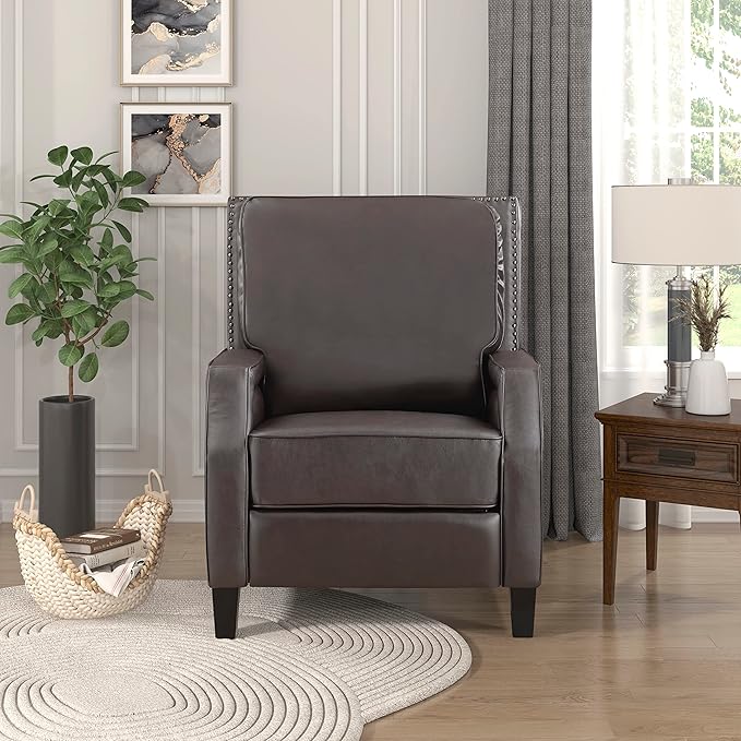 Lexicon Pushback Recliner Chair, Faux Leather Armchair Push Back Recliner, Nailhead Trim, Solid Wood Legs, Easy Assembly for Living Room/Office/Apartment, Dark Brown