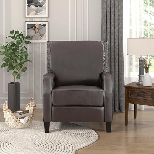 Lexicon Pushback Recliner Chair, Faux Leather Armchair Push Back Recliner, Nailhead Trim, Solid Wood Legs, Easy Assembly for Living Room/Office/Apartment, Dark Brown