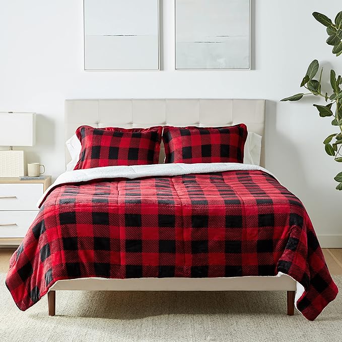 Amazon Basics 3-Piece Ultra-Soft Micromink Sherpa Bedding Set, Warm All Season Comforter, Full/Queen, Red Buffalo Plaid