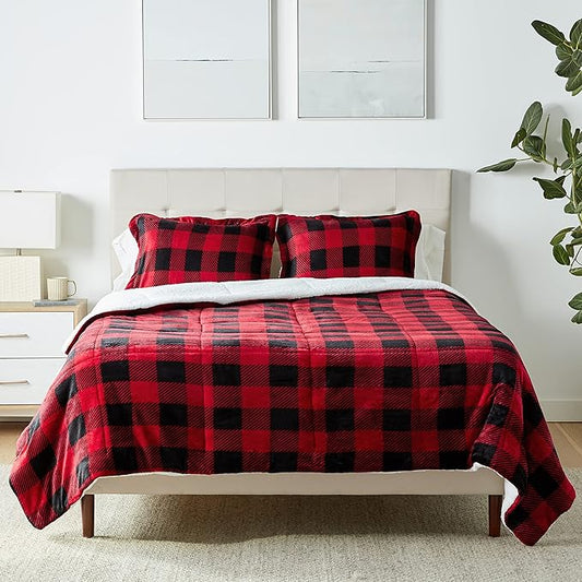 Amazon Basics 3-Piece Ultra-Soft Micromink Sherpa Bedding Set, Warm All Season Comforter, Full/Queen, Red Buffalo Plaid