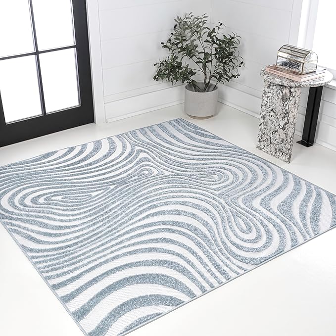JONATHAN Y Maribo High-Low Abstract Striped Light Blue/Ivory 9x9 Square Indoor/Outdoor Area Rug, Pet Friendly, Non-Shedding, Stain Resistant, Easy-Cleaning for Backyard, Patio (SCN103C-9SQ)