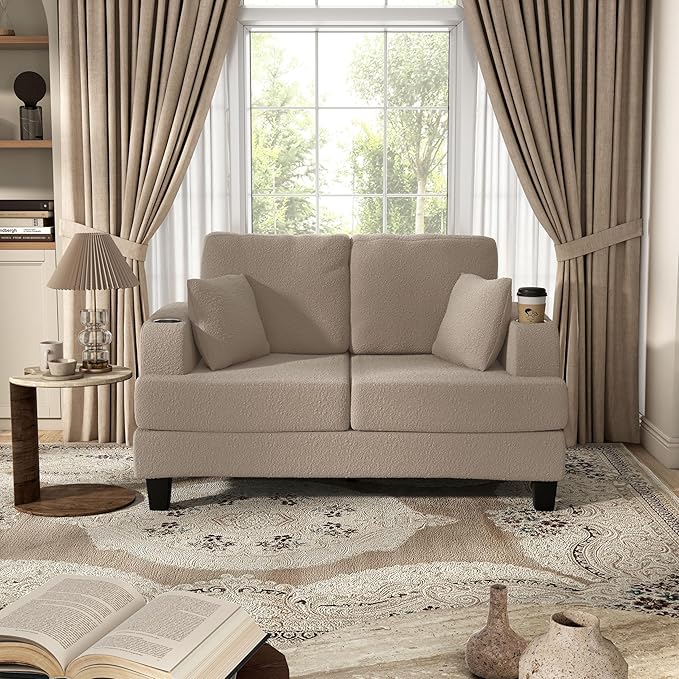 Homes: Inside + Out Reese Modern Plush Boucle Comfortable Loveseat with Side Pockets, Cup Holders and Pillows, Wooden Soft Couch for Living Room, Bedroom and Office, Beige