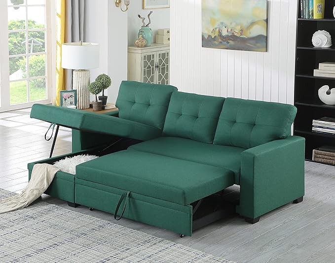 ACQCA 82" Convertible Sectional Sleeper Sofa with Storage Chaise, L Shaped Pull Out Couch Bed with 3 Tufted Back Cushion for Living Room, Apartment,Office,Green