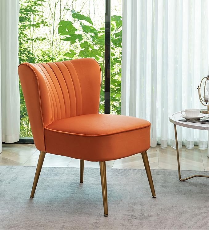 Modern Velvet Accent Chair for Living Room, Bedroom, or Entryway, Stylish and Comfortable Armless Design with Metal Legs, Orange Red